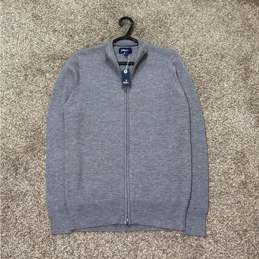 NWT Johnnie-O Men’s Medium Gray Full Zip Cotton Blend Golf Sweater